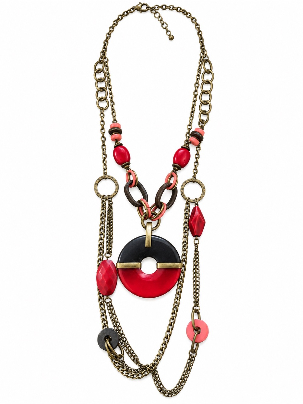 Premier Designs Red Black Coral Multi-Strand Statement Necklace Boho Chunky